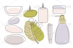 温泉治疗。热石头，蜡烛，热带树叶，油碗，奶油瓶，管，瓶在时尚的现代风格，柔和的色调。蜡烛按摩疗法。水