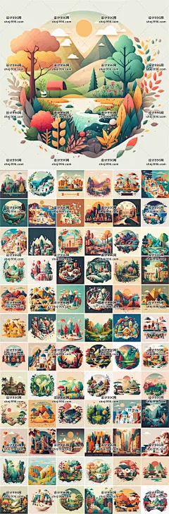 卡通手绘风景森林城市童话场景插图创意AI元素海报模板素材设计-淘宝网
