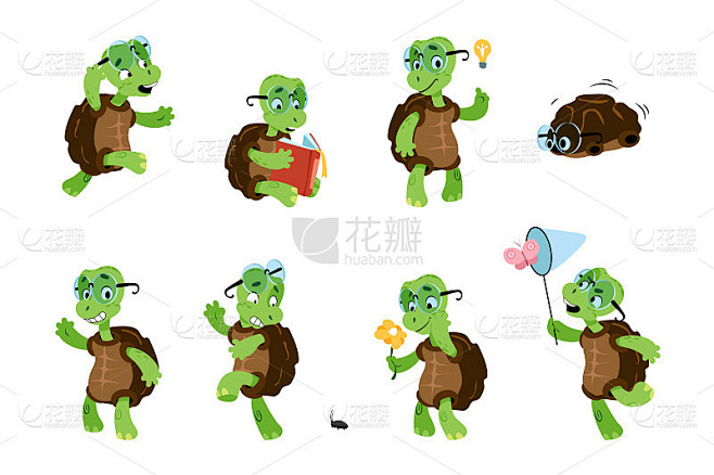 卡通龟。绿色的乌龟。婴儿海洋动物的性格与不同的姿态和情绪。滑稽的带甲壳的爬行动物戴着眼镜。媒介水生龟