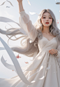 01154--9-a woman,white_background,grey hair,white ribbons fluttering up in the air,beautiful and romantic,curly hair,white petals fall,