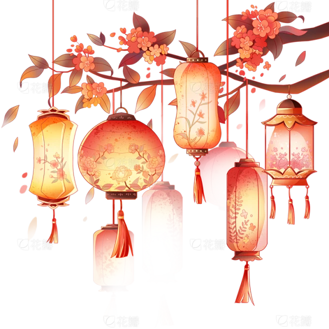 元宵节国风手绘树叶灯笼组合元素素材-花瓣网