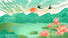 国潮风春天江南烟雨插画  - 源文件下载【酷图网】国潮风,清新,春天,江南烟雨,山水风景,