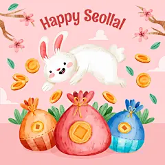 水彩手绘2023年中国新年生肖兔年东方传统节日促销宣传海报招贴EPS矢量模板插画素材