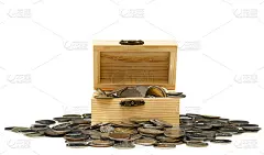 银币装在一个木盒里，盒子盖在白色的背景上