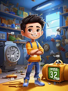 房间3D卡通游戏场景一个运动男孩拿着蓝色闹钟海报
