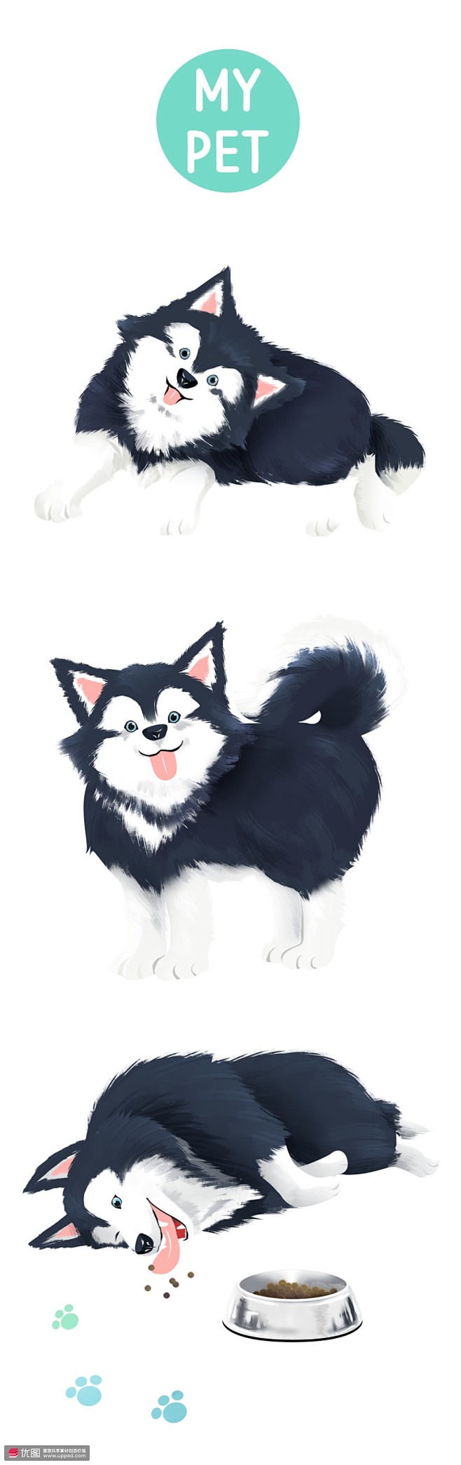 阿拉斯加可爱小狗动作情态萌宠插画萌宠动物素材