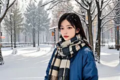 北方冬季背景女性肖像摄影图