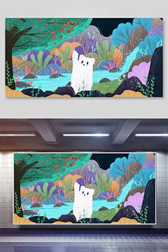 高端大气树木石头卡通可爱奇幻插画