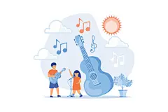 图源免费EPS文件 |Happy kids enjoy singing and playing the guitar at summer camp, tiny people. Musical camp, young music talents, music and song courses concept. flat vector modern illustration
