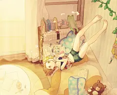 宅在屋里的男女生小清新手绘插画