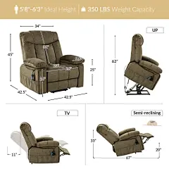 Mechtildis Modern Oversized Lift Assist Heated Massage Power Recliner with Adjustable Headrest, Brown