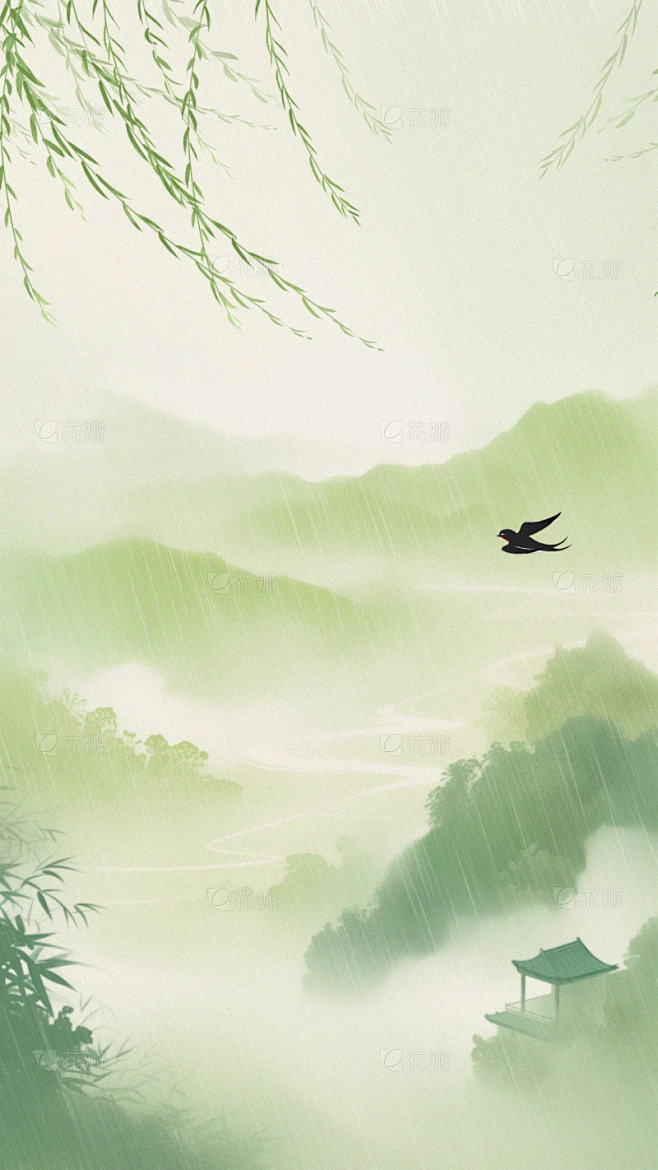 雨水国风晕染群山下雨场景组合背景素材-花瓣网