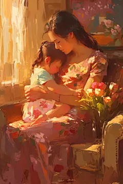 温柔感恩母亲节油画风插画