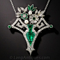 Art Deco Emerald and Diamond Flower Basket Necklace. A gemmy, richly saturated, crystalline green, kite-shape Colombian emerald, weighing 1.80 carats, along with three fancy-cut emeralds, form the breathtakingly beautiful centerpiece - a sleek amphora flo