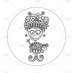带花的涂鸦娃娃手绘涂鸦矢量