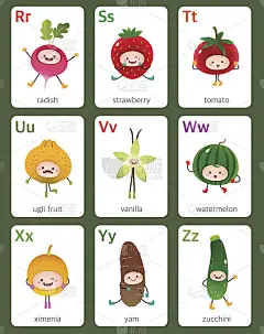 可打印的抽认卡字母水果和蔬菜