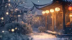 千库网_中国古代庭院冬季下雪的场景插画8_插画编号304291