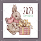 圣诞快乐和新年快乐卡与小兔子抱着礼品盒，手绘素描风格的矢量插图。季节性贺卡模板.