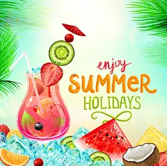 夏日梦幻暑假旅游度假冰镇水果果汁饮品水彩手绘广告海报