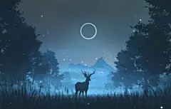 森林 夜晚 鹿 月亮 唯美意境4k壁纸3840x2160