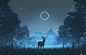 森林 夜晚 鹿 月亮 唯美意境4k壁纸3840x2160
