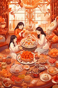 新年主题龙年除夕夜年夜饭插画