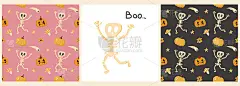 向量集模式和海报万圣节与一个有趣的骨架，南瓜，题词Boo
