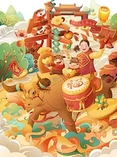 2021牛年国潮插画 【酷图网】红色,喜庆,中国风,金牛,牛,牛年,卡通牛,手绘牛,金牛插画,元宝,金元宝,铜钱,2021牛年,辛丑年,牛气冲天,牛年大吉,牛年吉祥,牛年海报,春节,人物,年画,春节插画