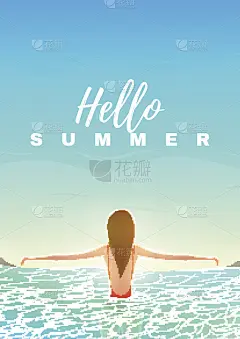 你好夏天海报与美丽的女孩