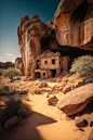 Midjourney AI art. Ancient house in rock, sand building in Africa. hot midday in desert, cave house, Egypt, travel #midjourney #aiart #generativeart #landscapeart #landscape #landscapephotograph