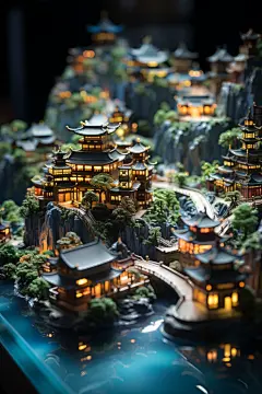 国潮风山水建筑立体地产模型