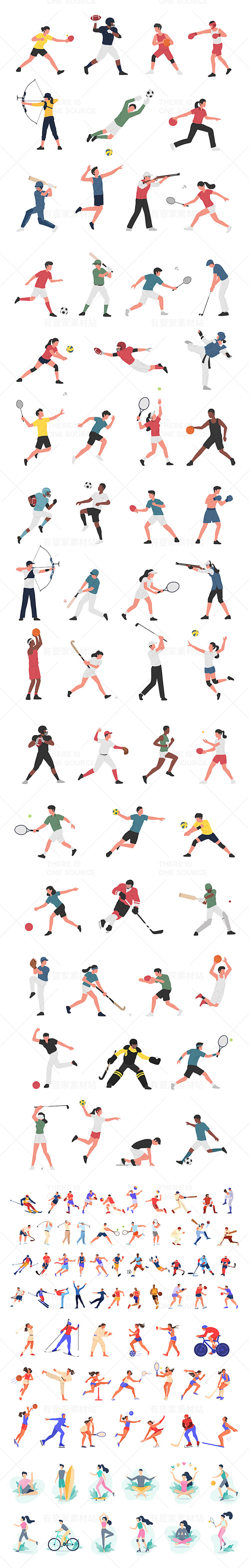 卡通手绘男女人物健身运动瑜伽跑步打球场景...