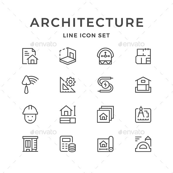 设置行建筑——人造物体对象的图标Set Line Icons of Architectural - Man-made objects ...