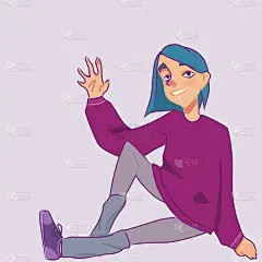 一位身穿粉色连帽衫和打底裤的蓝发少年坐在地板上，一条腿在膝盖处弯曲，挥手致意。动漫人物