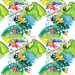 装饰花卉植物花。水彩背景插图集。水彩画时尚水族馆隔离。无缝的背景模式。织物壁纸打印纹理.