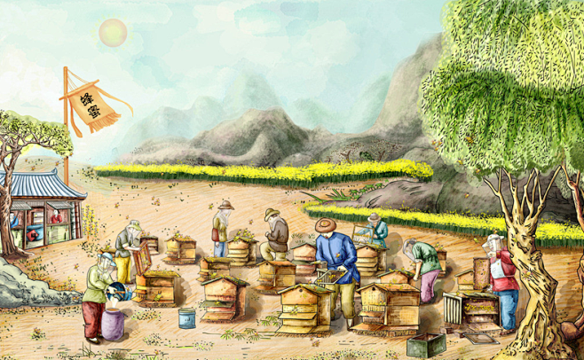 蜜蜂养蜂蜂场手绘