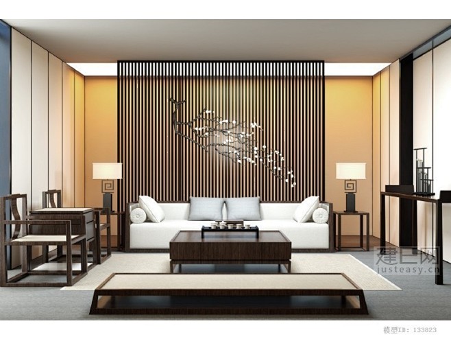 新中式客厅沙发椅子组合#建E网#效果图#...