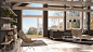豪华生态住宅的客厅，拼花地板和木质屋顶桁架，秋日草地全景窗，现代的白色和灰色室内