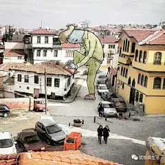 土耳其插画师Hakan Keleş把真实的城市变成了小人国，卡通巨人统领城市啦~