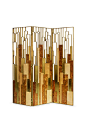 DELPHI SCREEN | BRABBU is a geometric 3 panel folding screen. This perfect screen room divider is made with elm root wood and with a brass aged patina finish.