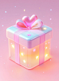 A cute and simple gift icon, with pastel colors, a heart-shaped ribbon on the top, and glowing stars inside the box. The background is a pink gradient, creating an atmosphere full of love and joy. The focus stacking, smooth edges, simple design, high reso