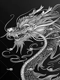 中国龙头的侧面，黑底白线绘制，呈载体插图风格。解构极简线条。