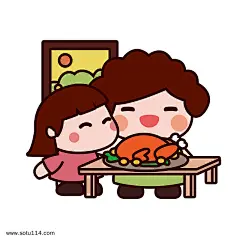 感恩节母女吃火鸡矢量插画图片png免抠元素卡通手绘背景装饰免扣图片
