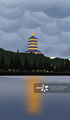 扁平风夜景浙江杭州西湖美景傍晚旅游城市雷峰塔背景地标插画图片素材