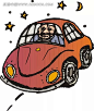 手绘星空下开车的人插画|红色汽车|交通工具|卡通画|开车的人|科技图片|矢量素材|手绘|星空|星星|月亮
