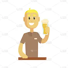 面带微笑的男调酒师手捧酒杯站在吧台前，男调酒师在工作时卡通矢量插画