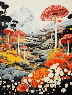富有想象力的奇幻风景插画海报金黄色蘑菇