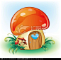 矢量可编辑 卡通蘑菇房 童话 爱心 森林童话 可爱卡通蘑菇 有趣的蘑菇房 采蘑菇 蓝天 草地