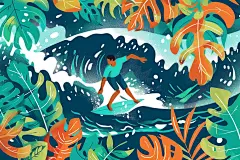 扁平风冲浪画报风夏天插画