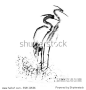 Beautiful gallant stork Heron crane love. Ancient monochrome black ink. Japanese painting sumi-e.